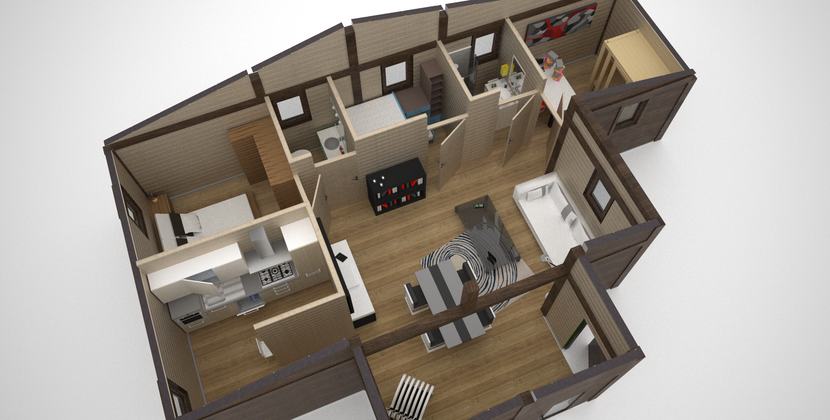 Progettazione casa in legno: casa bifamiliare con tetto e ...